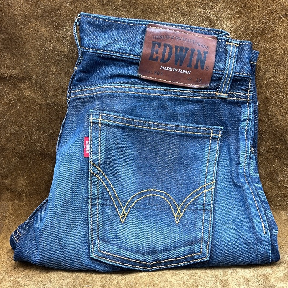 Edwin Men's Relaxed Jeans in Blue with Brown Patch